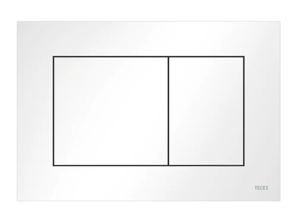 Weiße WC-Betätigungsplatte von TECE mit zwei betätigungsfeldern, gestaltet im minimalistischen Design mit klaren Linien.